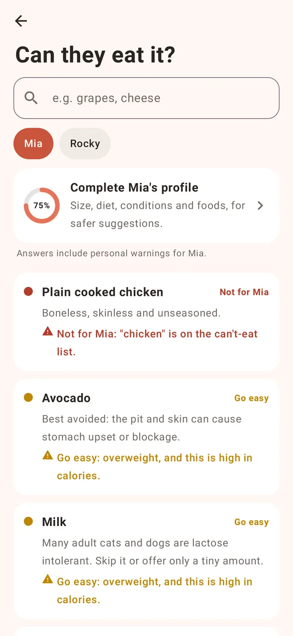 Food safety checker with personal warnings for Mia