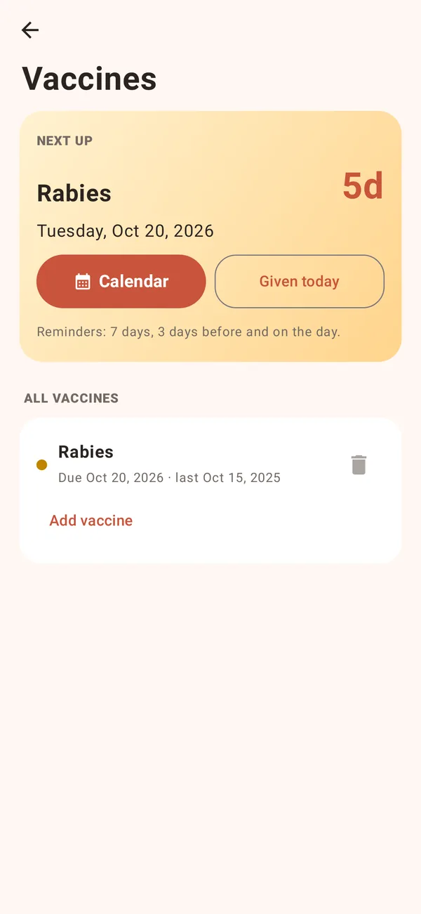 Vaccine tracker showing a rabies vaccine due in 5 days with a calendar button